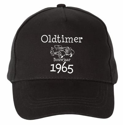 Mijncadeautje - 5 panel - Cap - Verstelbaar - Pet van 100% dik geborsteld katoen- unisex - opdruk wit - Oldtimer 1965 - zwart