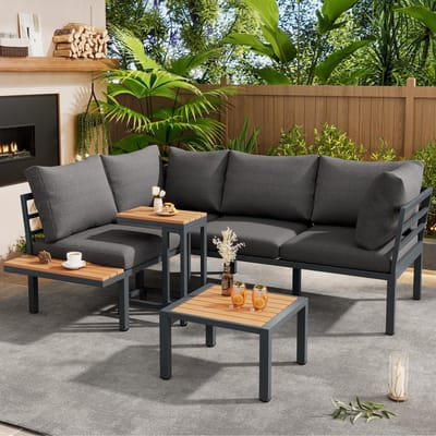 Sweiko Tuin loungeset - Bank + bijzettafel + salontafel - Gegalvaniseerde stalen buis - Tafelblad van kunststof hout - Grijs + zwart