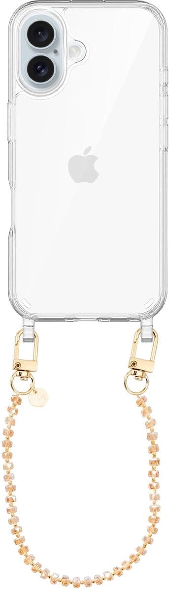 xoxo Wildhearts siliconen hoesje geschikt voor iPhone 17 hoesje - Crystal (Bruin) - Telefoonhoesje - Hoesje met koord - Kristal ketting - Kristallen met gouden details - kort telefoonkoord - Transparant hoesje