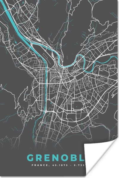 Poster Grenoble - Frankrijk - Plattegrond - Kaart - Stadskaart - 120x180 cm XXL
