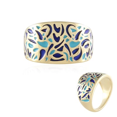 Cavill - Zilveren ring 925 Sterling Zilver met Goudlaag - Blauwe Emaille Bloemenring - Plat ontwerp - Modieuze Ring Dames - Elegant & Feestelijk