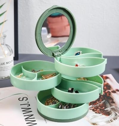 Draaibare Sieraden Organizer Box met Spiegel – Draagbare Opbergdoos Met Meerdere Lagen voor Ringen, Oorbellen, Kettingen – Groen