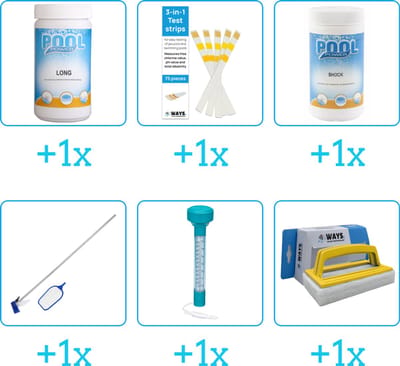 Zwembad Onderhoudspakket - Onderhoud Zwembad - bevat Chloor - Testrips - Chloor - Schoonmaakset - Thermometer en Scrubborstel (6-delig)