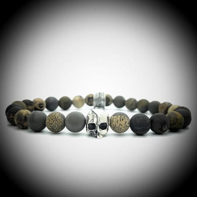 Natuursteen Armband met 925 Sterling Zilver Skull Bedel van 6.1gram Zilver , Handgemaakte Edelsteen Armband met 8mm (Matte Arctic Jaspis) kralen .