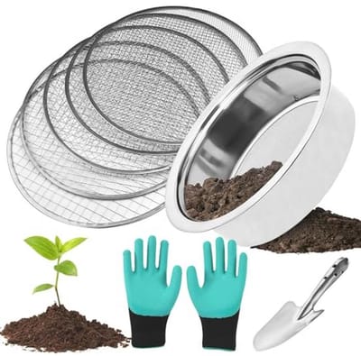 Ronde Tuinzeef van Roestvrij Staal - 5-in-1 Tuinzeef met Verwisselbare Zeven Ø 1,3,6,9,12 mm
