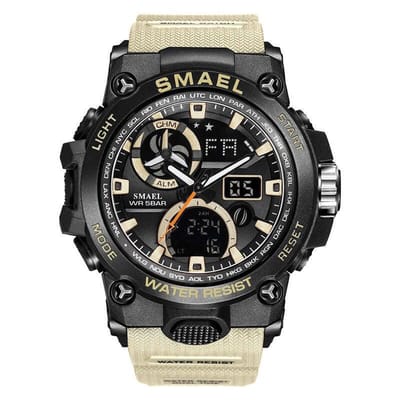 Heren Horloge Zwart met Khaki bruine rubber band | WR 5BAR | Smael | Waterdicht | Glow in dark | Mud Master | Leger | Army | Grof | Licht | Rubberen band | Timer | Eyecatcher | Master| Shock | Vaderdag Cadeau | Vaderdag | kado|