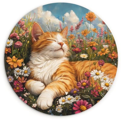 WallCircle® Wandcirkel 120x120 cm - Muurcirkel Kat - Bloemen - Ontspannen - Muurdecoratie woonkamer - Wanddecoratie slaapkamer - Kamer decoratie accessoires - Ronde schilderijen XXL
