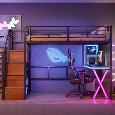Pugsdrly - Hoogslaper - Eenpersoonsbedden - 90*200 cm - met LED-verlichting - opbergladder - bureau - kledingkast - planken - zwart - zonder matras