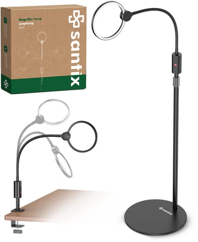 SANTIX® 3-in-1 Loeplamp met LED Verlichting, Standaard en Tafelklem – Vergrootglas met 5x Vergroting – Leeslamp, Werk- en Bureaulamp – Oplaadbaar, 3 Lichtstanden en Maximaal 143cm