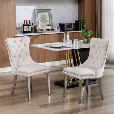 Pugsdrly Moderne eetkamerstoel van hoge kwaliteit, gemaakt van massief hout met capitonnering, bekleed met eigentijds fluweel, met verchroomde roestvrijstalen poten, spijkerstof, set van 2, beige en chroom, DE1701BG
