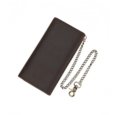 Lange, ruime herenportemonnee - met ketting - meerdere kaartsleuven - drievoudig opvouwbaar - 18,5*10*2 cm - donkerbruin - 1 stuk