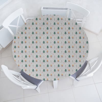 ABAKUHAUS Kerst Elastisch Rond Tafelkleed, Meisje in het Winterbos, Allround Elastisch Stoffen Tafelkleed, 90 cm - 100 cm, Hunter's Green en Abrikoos
