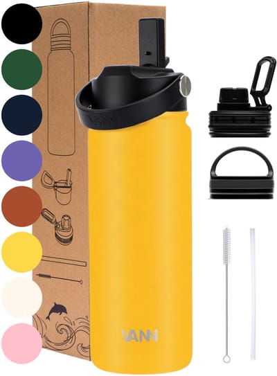 VANN® 3-Wandige RVS Waterfles 500 ML met rietje voor volwassenen – Met 5 accessoires – bidon – 24 uur koud/12 uur warm – Mango – VANN Ultimate Bottle®