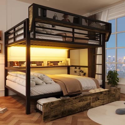 Stapelbed 140 x 200 cm, Kinderbed Ijzeren Bedframe, Plank, Opbergmand, 2 Binnenlades, Ledverlichting, Hoogslaper Zonder Matras-Zwart