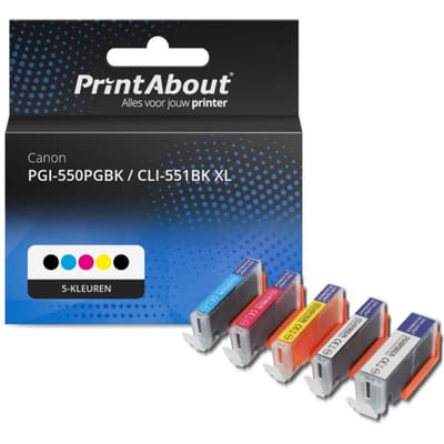 PrintAbout huismerk Inktcartridge PGI-550PGBK / CLI-551BK XL 5-kleuren Multipack Hoge capaciteit Geschikt voor Canon
