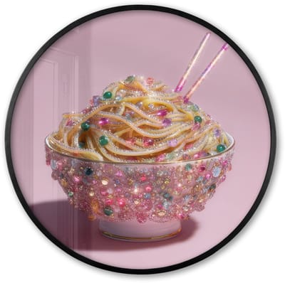 Poster in lijst Rond - Fotolijst 60x60 cm - Posters - Noodles - Edelstenen - Stokjes - Roze - Ronde posterlijst zwart - Decoratie - Wanddecoratie woonkamer - Muurdecoratie slaapkamer