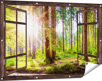 Gards Tuinposter Doorkijk Bos met Zon tussen de Bomen - 120x80 cm - Tuindoek - Tuindecoratie - Wanddecoratie buiten - Tuinschilderij