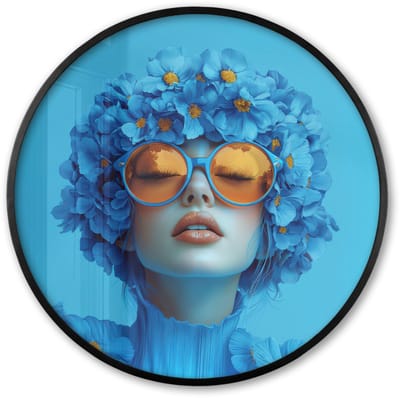 Poster in lijst Rond - Fotolijst 60x60 cm - Posters - Vrouw - Bloem - Blauw - Modern - Bril - Portret - Ronde posterlijst zwart - Decoratie - Wanddecoratie woonkamer - Muurdecoratie slaapkamer