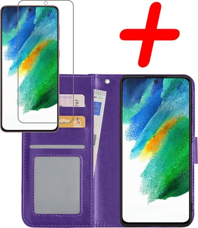 Hoesje Met Screenprotector - Geschikt voor Samsung Galaxy S21 FE - Luxe Pasjeshouder - Bookcase Portemonee - Flip Case - Kunstleer Book Case - Flipcase - Book Cover - Walletcase - Portemonneehoes - Paars