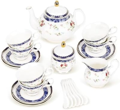 PromoHome 21-delig Theeservies Blauwe Rozen, Elegant Porselein Thee Set voor 6 Personen