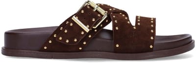 Manfield - Dames - Bruine suède slippers met studs - Maat 36