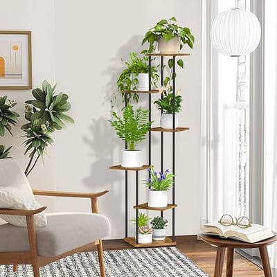 Famanu - Plantenstandaard binnen, 6-laags hoge plantenstandaards plantenplank binnen opruiming, hoekdisplayrek, bloempothouder, metalen bloemenplanken voor meerdere planten