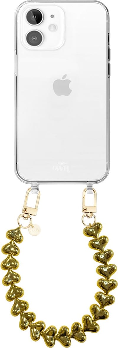 xoxo Wildhearts siliconen hoesje geschikt voor iPhone 12 hoesje - Funky Hearts - Telefoonhoesje - Hoesje met koord - Goud koord - kort telefoonkoord - Hartjes ketting - Transparant hoesje