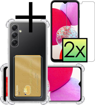 Hoesje - Geschikt voor Samsung Galaxy A14 - Met 2x Screenprotector - Pashouder - Kaarthouder - Telefoon Hoes Shockproof - Siliconen Case - Back Cover - Shock Proof - Pasjes Houder - Transparant