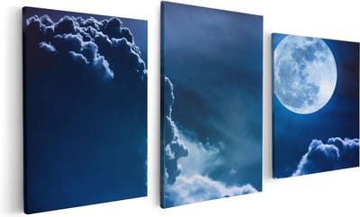 Artaza Canvas Schilderij Drieluik Volle Maan bij Wolken - 120x60 - Foto Op Canvas - Canvas Print