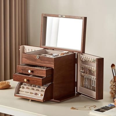 Elegante sieradenbox van massief hout met 4 lagen, 2 zijdeuren, spiegel en slot voor horloges en sieraden, perfect cadeau voor haar