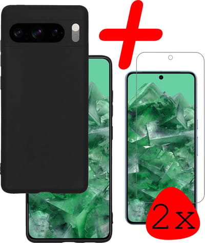 Hoesje Met 2x Screenprotector - Geschikt voor Google Pixel 8 Pro - Sterk & Shockproof - Back Cover - Siliconen Case - Telefoon Hoes - Zwart