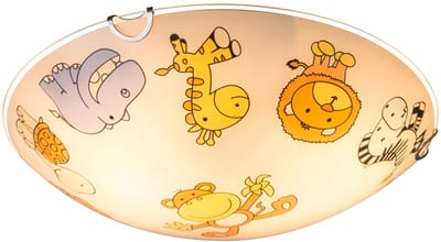 Kinderlamp plafondlamp glas kinderkamerlamp rond, gekleurd glas met dierenmotieven, 2x E27, DxH 30x6,5 cm