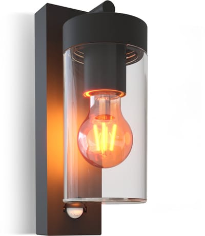Calex Wandlamp Perugia Inclusief lichtbron - E27 – IP44 Spatwaterdicht – Zwart - Bewegingssensor - Aluminium – Industrieel – Modern - Complete wandlamp