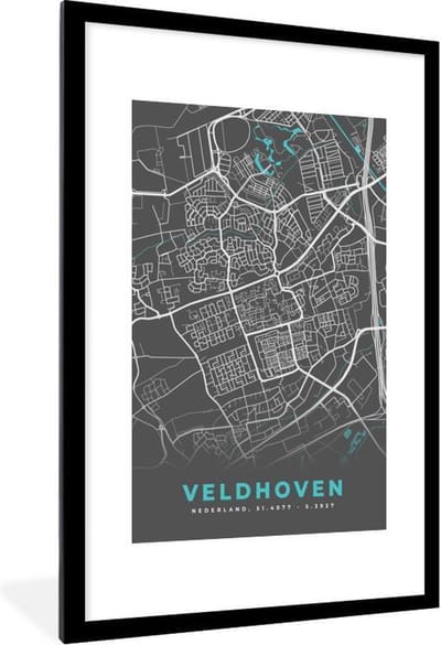 Fotolijst incl. Poster - Stadskaart - Veldhoven - Grijs - Blauw - 80x120 cm - Posterlijst - Plattegrond
