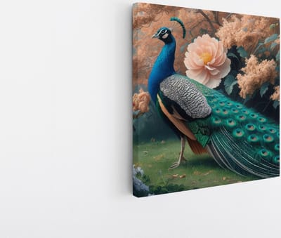Saammp Canvas Schilderij - Pauw met Lotusbloem - Dieren - Natuur - 20x20 - Foto op canvas - Wanddecoratie - muurdecoratie Woonkamer - Slaapkamer decoratie - Canvas Print