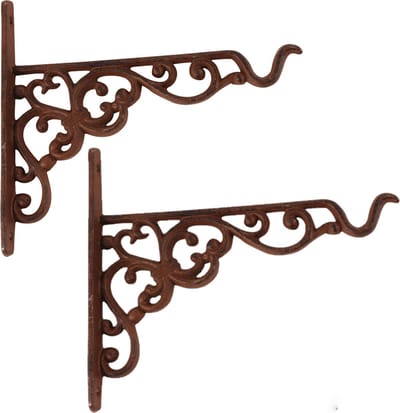 Esschert Design Muurhaak / plantenhaak met sierkrullen - 2x stuks - plantenpotten - gietijzer - 20 x 18 cm - hanging basket haak