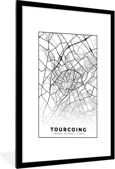 Fotolijst incl. Poster Zwart Wit- Stadskaart - Tourcoing - Plattegrond - Kaart - Frankrijk - Zwart wit - 60x90 cm - Posterlijst