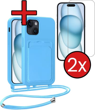Hoesje Geschikt voor iPhone 15 Plus Hoesje Met Telefoonkoord en Pasjeshouder Met 2x Screenprotector Siliconen - Hoes Geschikt voor iPhone 15 Plus Hoesje Met Kaarthouder Case - Lichtblauw