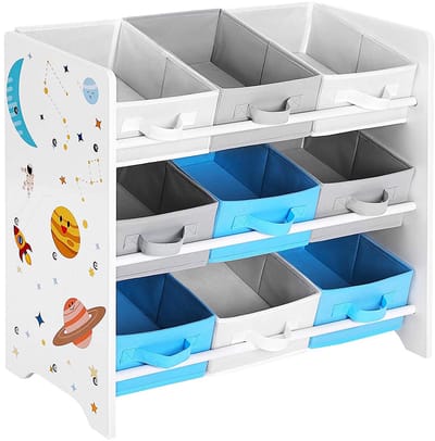Opbergrek opbergplank boekenrek speelgoedrek met handgreep en 9 uitneembare non-woven dozen efficiënt ruimtegebruik helpt de kamer netjes te houden geschikt voor kinderkamer speelkamer dagopvang school 62,5 x 29,5 x 60 cm wit