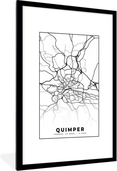 Fotolijst incl. Poster Zwart Wit- Stadskaart - Plattegrond - Quimper - Kaart - Frankrijk - Zwart wit - 80x120 cm - Posterlijst
