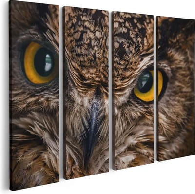 Artaza Canvas Schilderij Vierluik Uilenkop Met Gele Ogen - Uil - 80x60 - Foto Op Canvas - Canvas Print