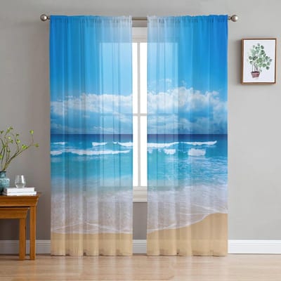 Strand Blauwe Lucht Witte Wolken Spray Tule Gordijnen voor Woonkamer Draperieën Raam Transparant Moderne Gordijnen voor Slaapkamer Decor 135W x 114H(cm) blue