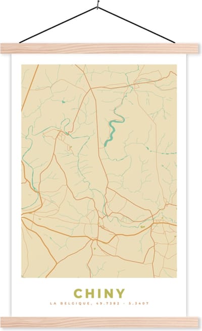 Posterhanger incl. Poster 40x60 cm - Schoolplaat - Stadskaart - Vintage - Chiny - Plattegrond - Kaart - Textielposter - Blanke latten - Stadskaart