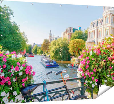 Gards Tuinposter Amsterdamse Kanaal met Bloemen - 160x120 cm - Tuindoek - Tuindecoratie - Wanddecoratie buiten - Tuinschilderij