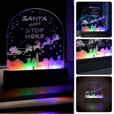 Cheqo® Kerstverlichting LED - Santa Please Stop Here - Meerkleurig Decoratief Bord - Acryl Kerstversiering - 30x20 cm