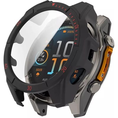 Strap-it Hard case hoesje met ingebouwde screen protector - geschikt voor de Garmin Fenix 8 - 47mm SOLAR (zwart kleur met rode accenten)