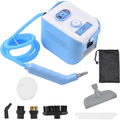 Nettoyeur Vapeur Portable 3 Températures Réglables Machine Nettoyage Profond avec Réservoir d'Eau 1200ml 3 Têtes de Brosse Fenêtre Blue and White US plug
