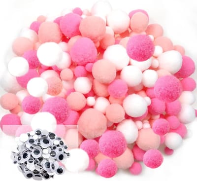 300 Pcs Pompoms in Roze Series 10 tot 30mm - Fluffy Pompoms en 100 Stuks Belle Ogen voor Creatieve DIY Projecten en Decoraties