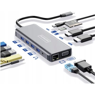 Zenwire 12in1 - Hub USB-C - 2 x HDMI 4K 30 HZ / Full HD 60 HZ - Kaartlezer Micro SD / SD - VGA - RJ-45 Gigabit Ethernet 1000 Mbps - 2 x USB 3.0 - 2x USB 2.0 - Mini Jack - Thunderbolt 3.0