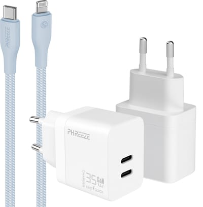 Snellader usb C oplader - Power Delivery GaN adapter met 2 usb C poorten - Geschikt voor iPhone 14 t/m 11 en iPad met Lightning kabel - Dubbele usb C oplader voor telefoon en tablet